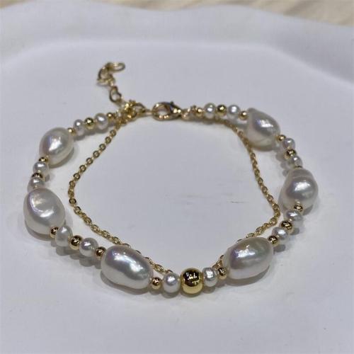 Süßwasser Zuchtperlen Armband, Natürliche kultivierte Süßwasserperlen, mit Messing, mit Verlängerungskettchen von 5cm, goldfarben plattiert, Modeschmuck, goldfarben, Länge:16 cm, verkauft von PC