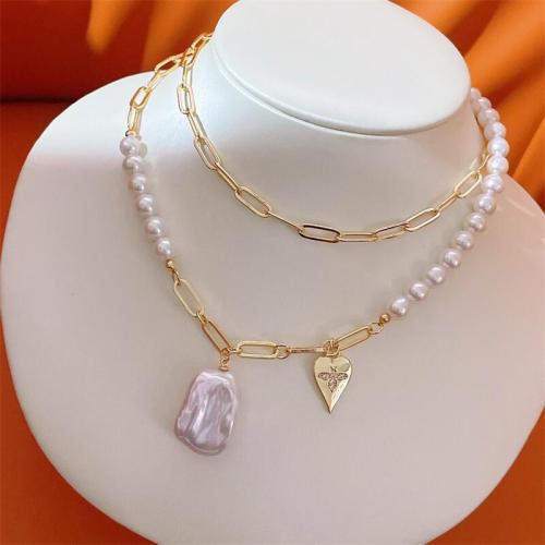 Freshwater Pearl Brass Necklace, with Brass, gold color plated, fashion jewelry, golden, Pearl size: 6-7mm, Length:70 cm, Sold By PC