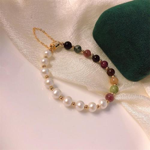 Bracelet en perles de culture d'eau douce, perle d'eau douce cultivée, avec tourmaline & laiton, Placage de couleur d'or, bijoux de mode, multicolore, Longueur:18 cm, Vendu par PC