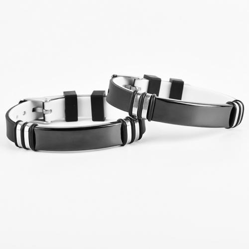 Silicone Bracelets, 304 Stainless Steel, with PU Leather & Silicone, plated, Unisex, black, Length:Approx 21.5 cm, Sold By PC