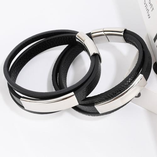 Leather Cord Bracelet, 304 Stainless Steel, plated, Unisex, black, Length:Approx 21.5 cm, Sold By PC