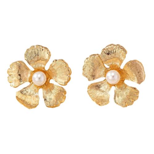 Tibetan Style Stud Earring, with Plastic Pearl, petals, plated, for woman, gold, Sold By Pair