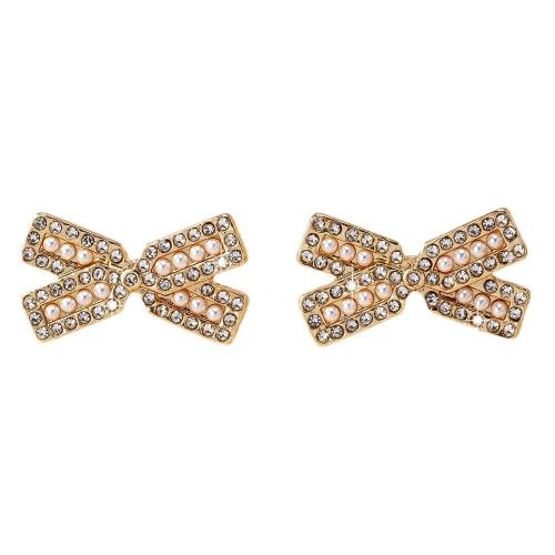 Tibetan Style Stud Earring, with Plastic Pearl, Bowknot, plated, micro pave cubic zirconia & for woman, gold, Sold By Pair