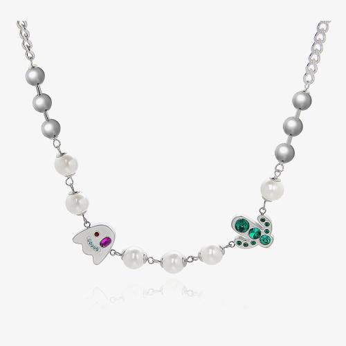 Tibetan Style Necklace, with Plastic Pearl, with 4inch extender chain, Ghost, platinum color plated, cross chain & for man & with rhinestone, Length:Approx 17.7 Inch, Sold By PC