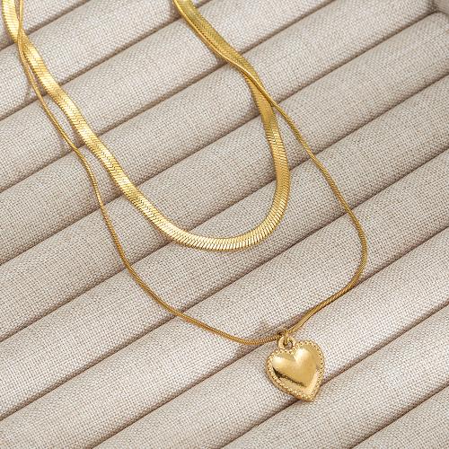 304 Stainless Steel Necklace, Heart, gold color plated, Double Layer & snake chain & for woman, Sold By PC