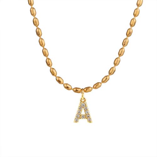 Acier inoxydable 304 collier, avec laiton, avec 2inch chaînes de rallonge, Lettre d’alphabet, Placage de couleur d'or, styles différents pour le choix & pavé de micro zircon & pour femme, Longueur:Environ 15.7 pouce, Vendu par PC