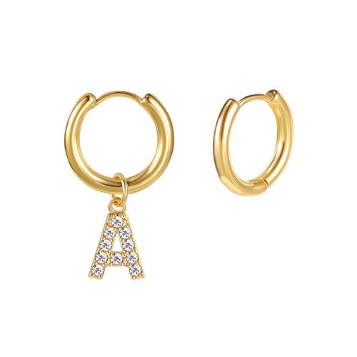 Acier inoxydable 304 Boucles d'oreilles pendantes Hoop Huggie, Lettre d’alphabet, Placage de couleur d'or, styles différents pour le choix & pavé de micro zircon & pour femme, 14x26mm, Vendu par paire