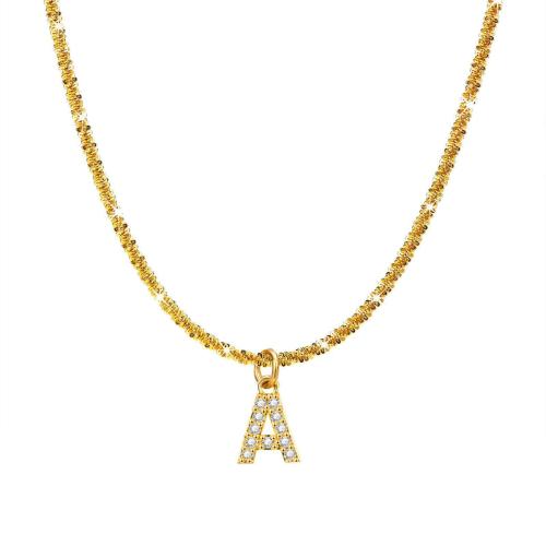 Titanium Steel Necklace, with 2.4inch extender chain, Alphabet Letter, gold color plated, different styles for choice & micro pave cubic zirconia & for woman, Length:Approx 16.1 Inch, Sold By PC