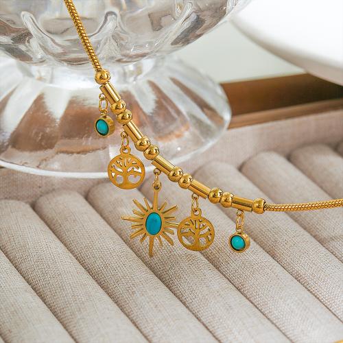 304 Stainless Steel Necklace, with Titanium Steel & Turquoise & Resin Shell, with 2inch extender chain, gold color plated, Unisex & snake chain & different styles for choice, Length:Approx 15.7 Inch, Sold By PC