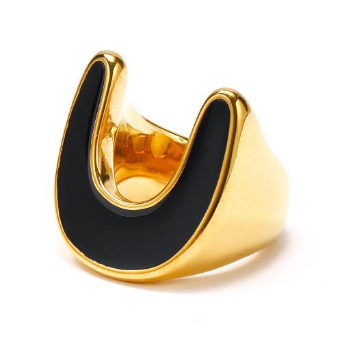 Acier titane bague, avec coquille d'ormeau, Lettre U, Placage de couleur d'or, normes différentes pour le choix & styles différents pour le choix & pour femme & émail & avec strass, Taille:6-10, Vendu par PC