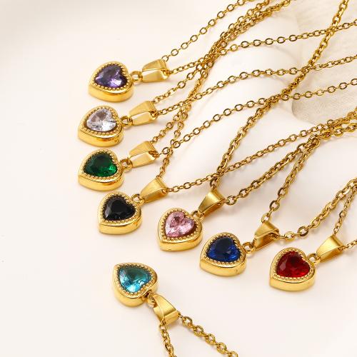 Partículas de acero collar, Corazón, chapado en color dorado, micro arcilla de zirconia cúbica & para mujer, más colores para la opción, longitud:aproximado 16 Inch, Vendido por UD