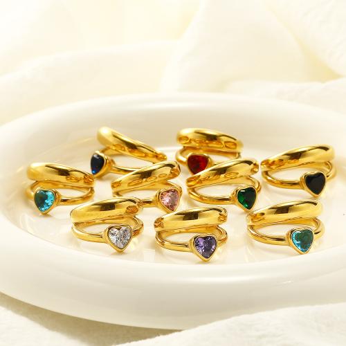 Partículas de acero anillo, Corazón, chapado en color dorado, diverso tamaño para la opción & micro arcilla de zirconia cúbica & para mujer, más colores para la opción, tamaño:6-10, Vendido por UD