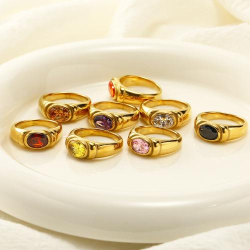 Acier titane bague, ovale, Placage de couleur d'or, normes différentes pour le choix & pavé de micro zircon & pour femme, plus de couleurs à choisir, Taille:6-10, Vendu par PC