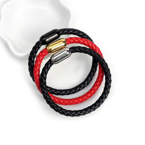 Stainless Steel Jewelry Bracelet, 304 Stainless Steel, with cowhide cord, fashion jewelry & Unisex, more colors for choice, Length:Approx 18 cm, Sold By PC