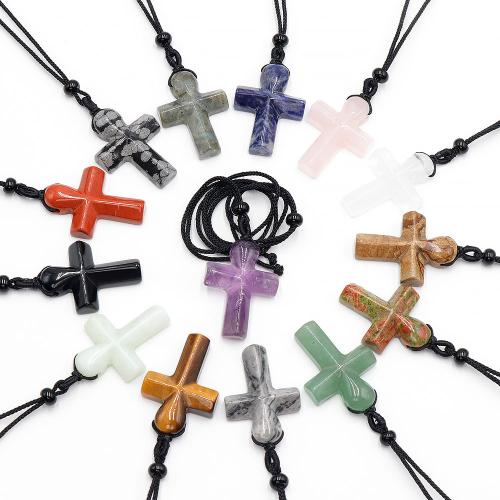 Natural Gemstone Necklace, Natural Stone, with Knot Cord, Cross, fashion jewelry & different materials for choice & Unisex, more colors for choice, nickel, lead & cadmium free, 26x36x8mm, Length:Approx 32 cm, Sold By PC