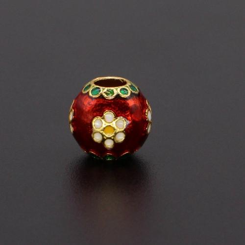 Perles bijoux en laiton, Rond, Placage de couleur d'or, DIY & émail, rouge, protéger l'environnement, sans nickel, plomb et cadmium, 10.30mm, Trou:Environ 4mm, Vendu par PC