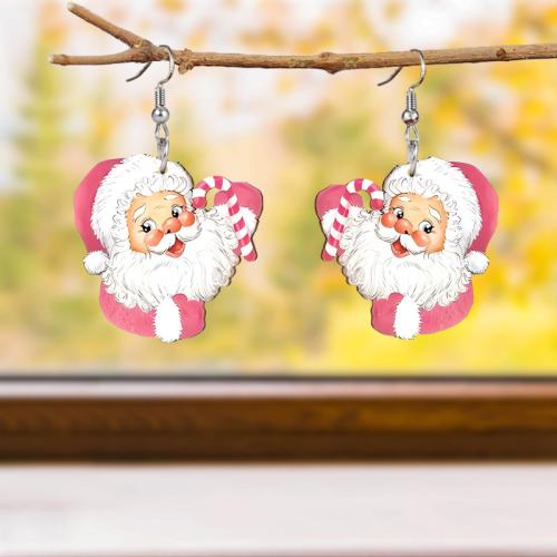 Pendientes de Navidad, Acrílico, Papá Noel, Impresión, Diseño de Navidad & Lindo & para mujer, Rosado, Vendido por Par