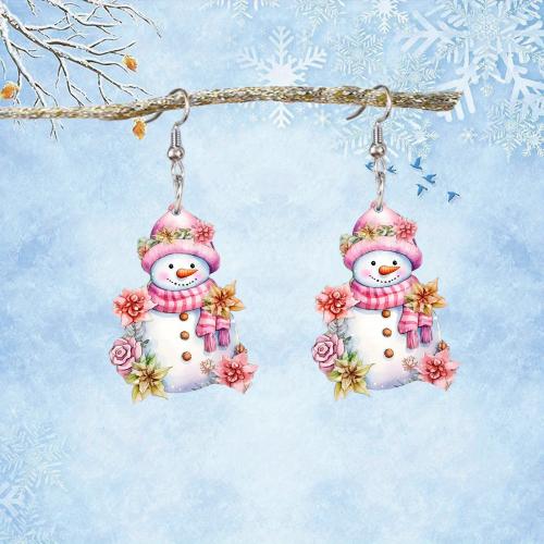 Christmas Earrings, Acrylic, Snowman, printing, Christmas Design & cute & for woman, Sold By Pair