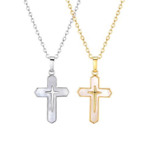 Brass Necklace, with Shell, Cross, plated, fashion jewelry & for woman, more colors for choice, Length:15.75-17.72 Inch, Sold By PC