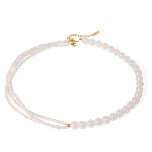 Collier de perles en plastique, perle de plastique, avec Acier inoxydable 304, Placage, Double couche & bijoux de mode & pour femme, blanc, Vendu par PC