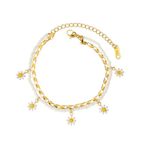 Stainless Steel Jewelry Bracelet, 304 Stainless Steel, with Plastic, petals, plated, for woman & enamel, gold, Sold By PC