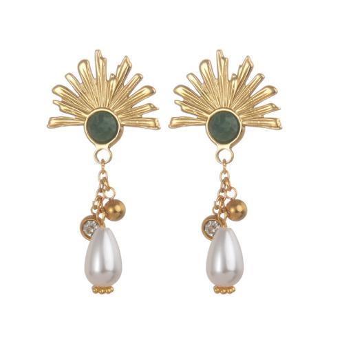 Stainless Steel Stud Earrings, 304 Stainless Steel, with Gemstone & Plastic Pearl, plated, for woman, gold, Sold By Pair