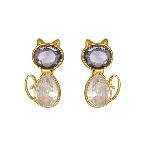 Stainless Steel Stud Earrings, 304 Stainless Steel, Cat, plated, micro pave cubic zirconia & for woman, gold, Sold By Pair