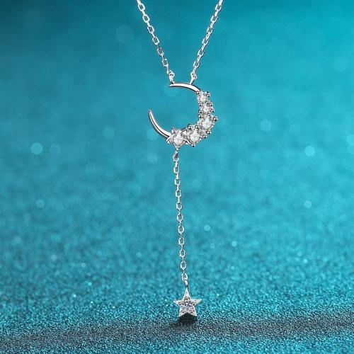 925 Sterling Silver Necklace, with Moissanite, Moon and Star, oval chain & for woman, Length:Approx 18 Inch, Sold By PC