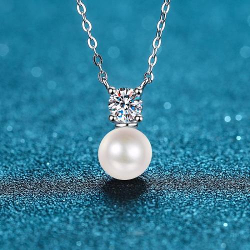 925 Sterling Silver Necklace, with Moissanite & Freshwater Pearl, oval chain & for woman, Length:Approx 18 Inch, Sold By PC