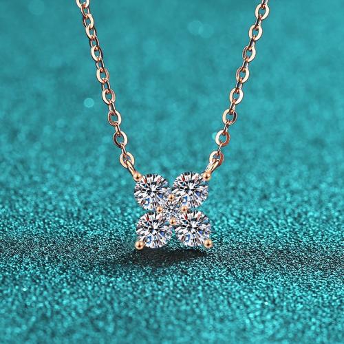 925 Sterling Silver Necklace, with Moissanite, Flower, Plating champagne gold, cross chain & for woman, Length:Approx 17.3 Inch, Sold By PC