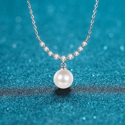 925 Sterling Silver Necklace, with Moissanite & Freshwater Pearl, cross chain & for woman, Length:Approx 18 Inch, Sold By PC