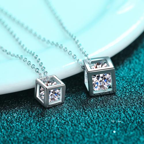 925 Sterling Silver Necklace, with Moissanite, Cube, cross chain & different size for choice & for woman & hollow, Length:Approx 18 Inch, Sold By PC