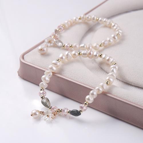 Freshwater Cultured Pearl Bracelet, Freshwater Pearl, with Natural Stone & Tibetan Style, Flower, gold color plated, fashion jewelry & different materials for choice & for woman, more colors for choice, Length:Approx 18 cm, Sold By PC