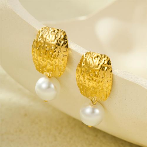 Stainless Steel Stud Earrings, 304 Stainless Steel, with Plastic Pearl, 18K gold plated, fashion jewelry & for woman, golden, 33x15mm, Sold By Pair