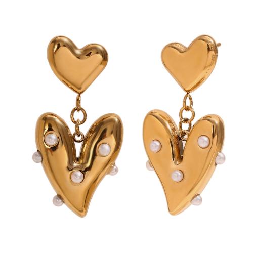 Pendientes de Acero Inoxidable, acero inoxidable 304, con Perlas plásticas, 18K chapado en oro, Joyería & para mujer, dorado, 29.40x14.90mm, Vendido por Par