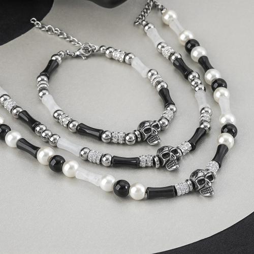 Jewelry Sets, Titanium Steel, with Agate & Plastic Pearl, with 5cm extender chain, fashion jewelry & Unisex & different styles for choice & micro pave cubic zirconia, original color, Length:Approx 55 cm, Approx 19 cm, Sold By PC