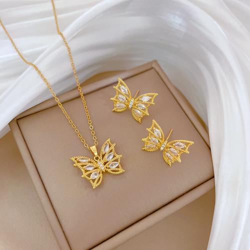 Jewelry Sets, Titanium Steel, with 5cm extender chain, Butterfly, different styles for choice & for woman & with rhinestone, golden, Length:Approx 40 cm, Sold By PC