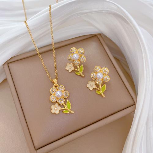 Jewelry Sets, Titanium Steel, with Plastic Pearl, Flower, different styles for choice & for woman & enamel & with rhinestone, golden, Length:Approx 40 cm, Sold By PC