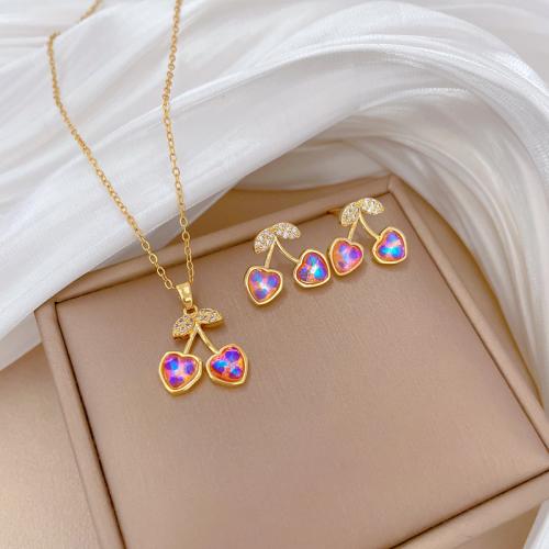 Jewelry Sets, Titanium Steel, with 5cm extender chain, Cherry, different styles for choice & for woman & with rhinestone, Length:Approx 40 cm, Sold By PC