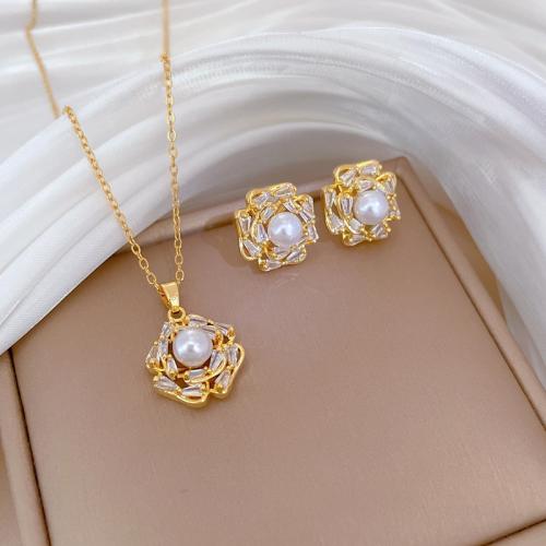 Jewelry Sets, Titanium Steel, with Plastic Pearl, with 5cm extender chain, different styles for choice & for woman & with rhinestone, golden, Length:Approx 40 cm, Sold By PC