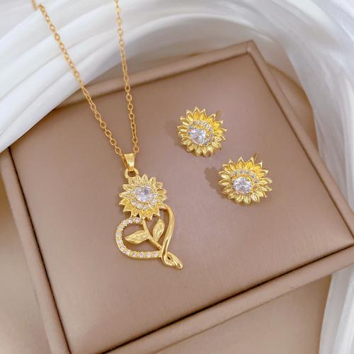 Jewelry Sets, Titanium Steel, with 5cm extender chain, Flower, different styles for choice & for woman & with rhinestone, golden, Length:Approx 40 cm, Sold By PC