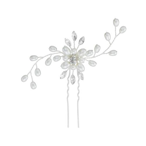 Hair Stick, Brass, with Plastic Pearl, fashion jewelry & for woman & with rhinestone, silver color, 90x90mm, Sold By PC