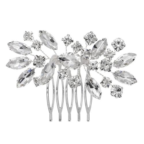 Brass Decorative Hair Comb, fashion jewelry & for woman & with rhinestone, silver color, 77x55mm, 2PCs/Bag, Sold By Bag