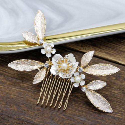 Decorative Hair Combs, Tibetan Style, with Shell, fashion jewelry & for woman & with rhinestone, golden, 90x60mm, Sold By PC