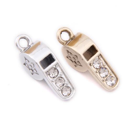 Tibetan Style Rhinestone Pendants, Whistle, plated, DIY & with rhinestone, more colors for choice, nickel, lead & cadmium free, 20x8mm, Approx 100PCs/Bag, Sold By Bag