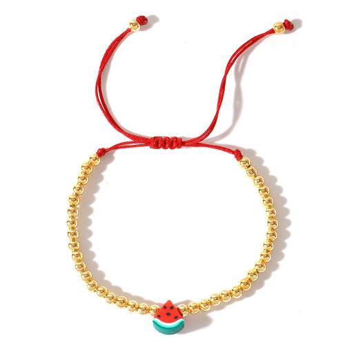 Brass Bracelet, with Knot Cord & Polymer Clay, Watermelon, gold color plated, Adjustable & fashion jewelry & for woman, nickel, lead & cadmium free, Length:Approx 28 cm, Sold By PC