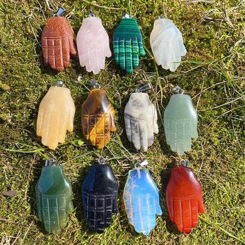 Gemstone Pendants Jewelry, Natural Stone, with Brass & Iron, Hand, silver color plated, DIY, Random Color, 44x25mm, Sold By PC