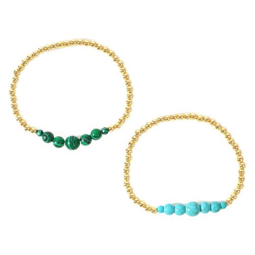 Bracelets de pierres précieuses, laiton, avec turquoise & Malachite, Rond, Placage de couleur d'or, bijoux de mode & pour femme, plus de couleurs à choisir, protéger l'environnement, sans nickel, plomb et cadmium, Longueur:Environ 17.5 cm, Vendu par PC