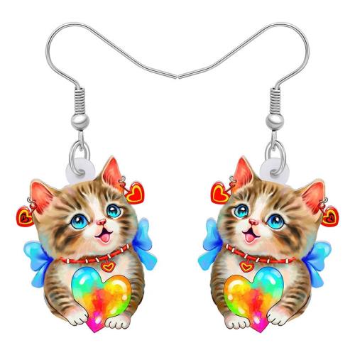 Acrylic Drop Earring, Cat, printing, cute & for woman, multi-colored, Sold By Pair