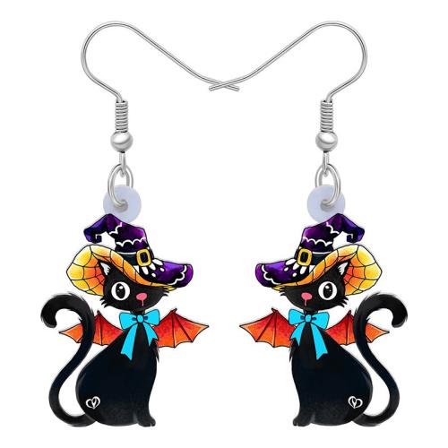 Acrílico Pendientes con Colgantes, Gato, Impresión, Diseño de Halloween & para mujer, Negro, Vendido por Par